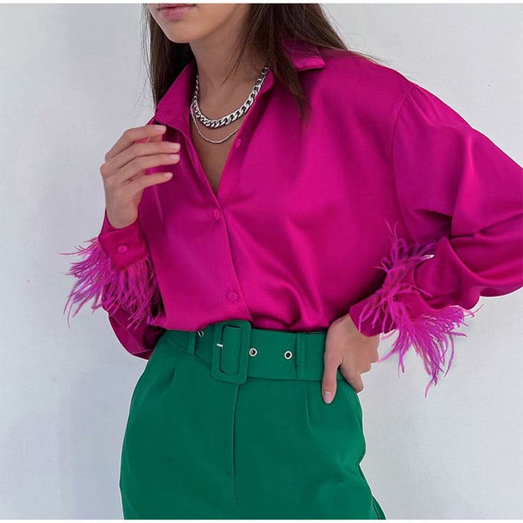 Summer New Fashion Casual Shirts Versatile Ice Silk Ostrich Feather Splice Design Shirt Women