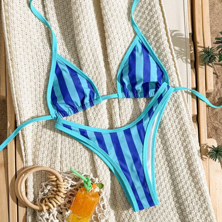 Wenshuo New Stylish and Sexy Lace up Striped Bikini Set Women Bikini Two Piece Set 2027 Women Color Block Swimsuit