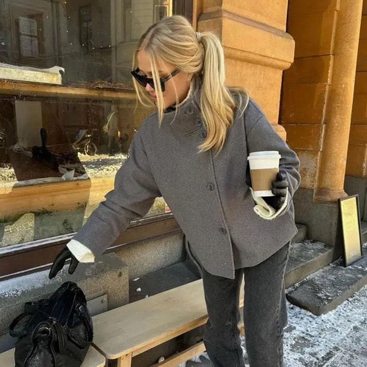 Hot Selling Stand Collar Single Breasted Elegant Short Wool Coat Casual Regular Women Jacket Solid Color Warm Coat