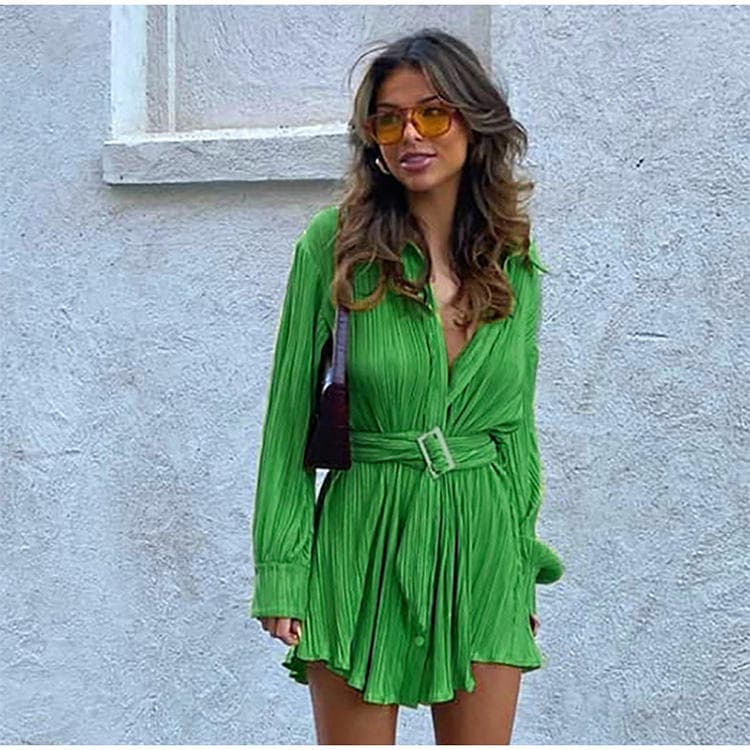 2023 Summer Ladies New Temperament Loose Pleated Casual Single Breasted Tie Dress