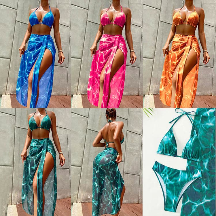 Custom Swimwear Manufacturer Water Wave Print Bikini 3 Piece Bikini Set