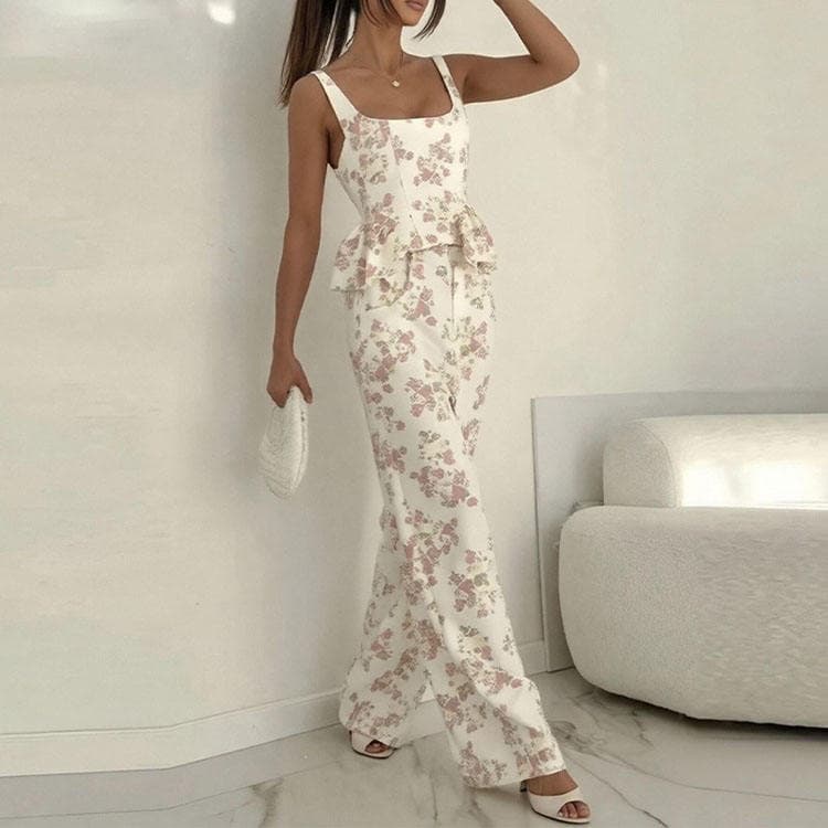 Wenshuo Printed Ruffle Women Set Wholesale Sleeveless Camisole Top Custom logo Casual Loose Trousers Factory Directly
