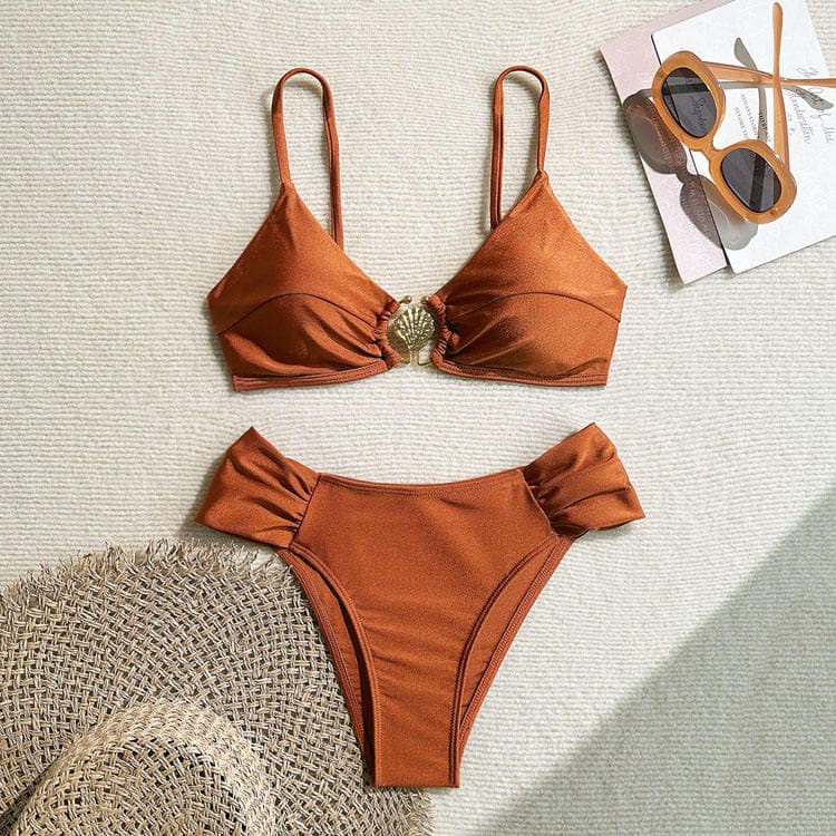 Hot Selling Metal Shell High Waisted Bikini Sexy Solid Color Bikini Shiny Swimsuit Women