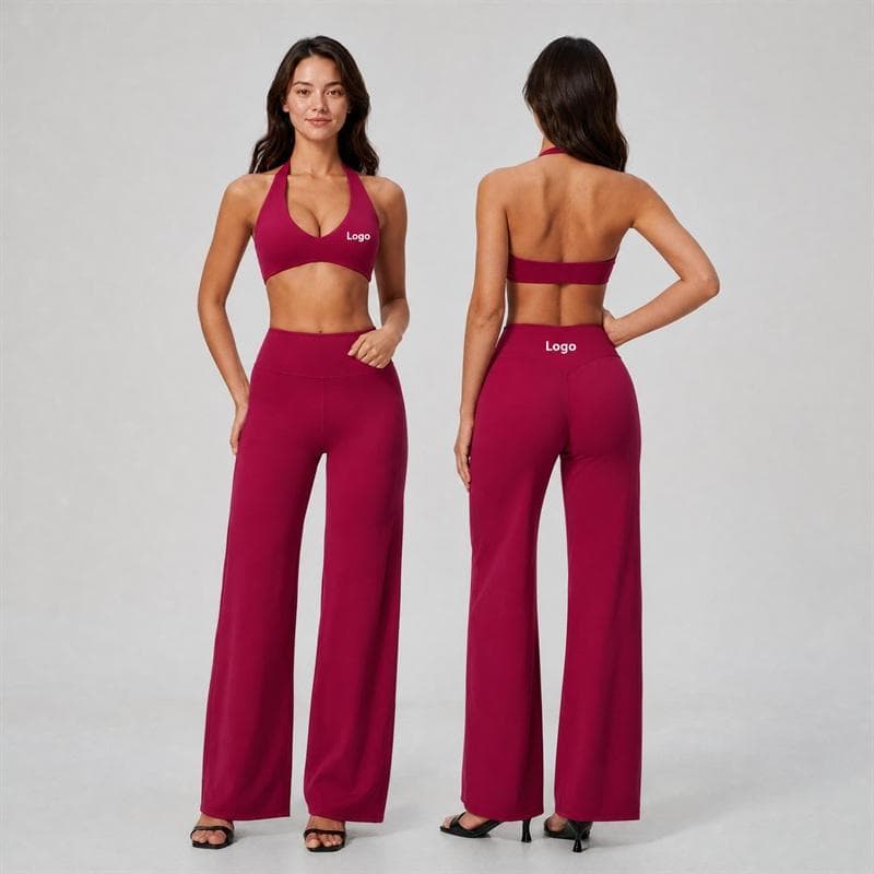 Women 2 Piece Activewear Halter Bra and High Waist Wide Leg Straight Pants Quick Dry Yoga Set