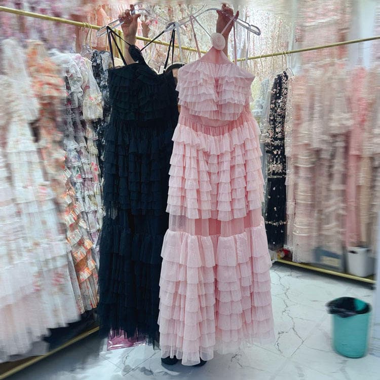 Wenshuo Mesh Halter Cake Dress Wholesale Solid Color Dress Custom logo High Quality Dress Factory Directly
