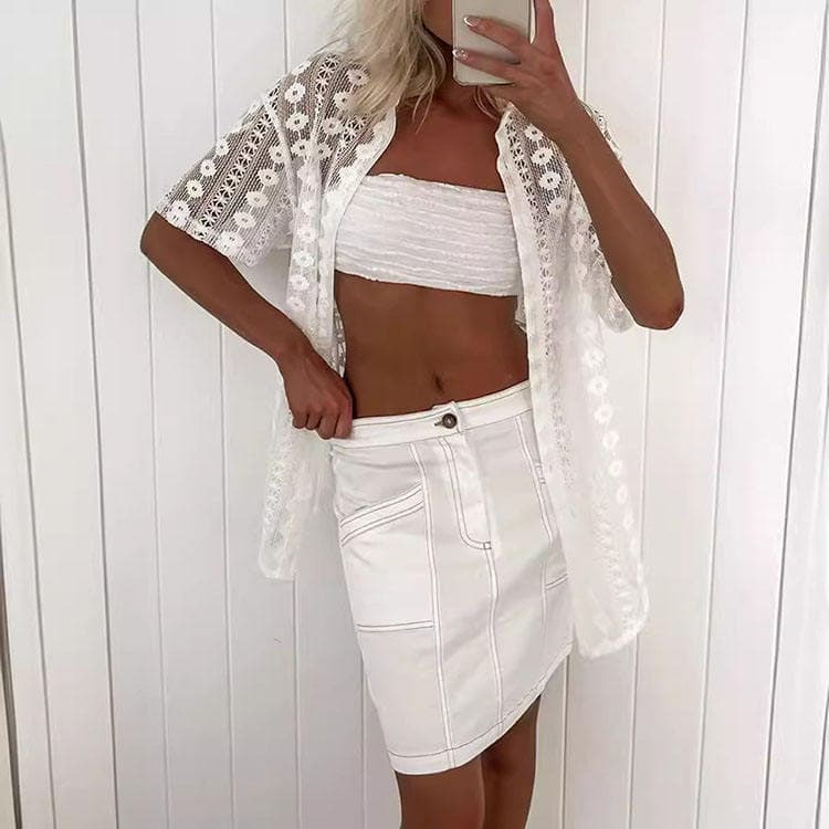 2024 New Casual White Lace Hollow Short Sleeve Cardigan Shorts Women Suit Two Piece Set