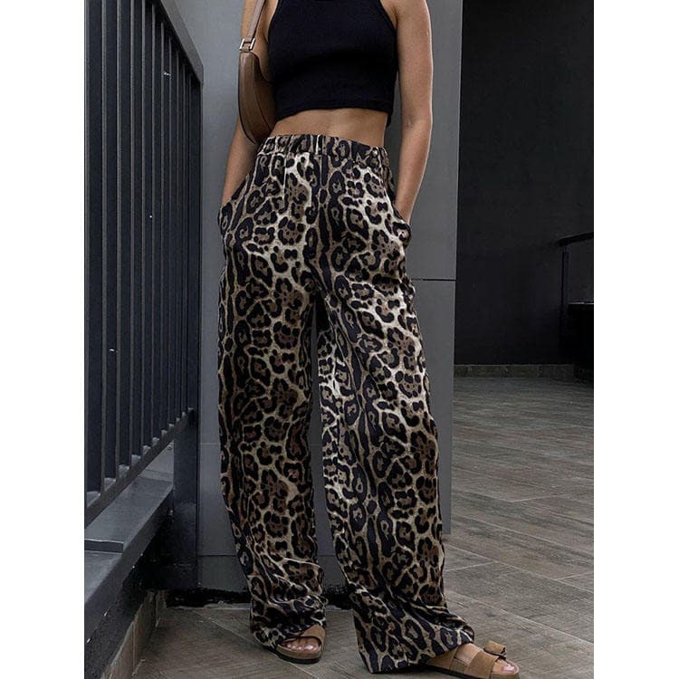 New Trendy Leopard Print High Waist Wide Leg Pants Loose Floor Length Casual Pants for Women