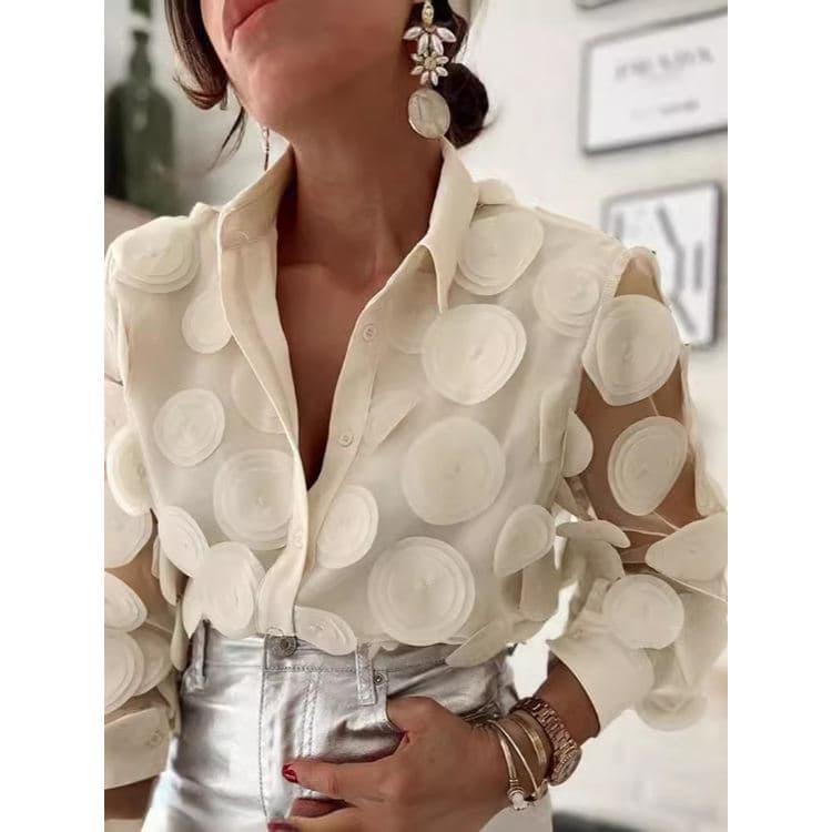 New Sheer Mesh Blouse Circular Embroidered Shirt Solid Color Long-Sleeve Shirt