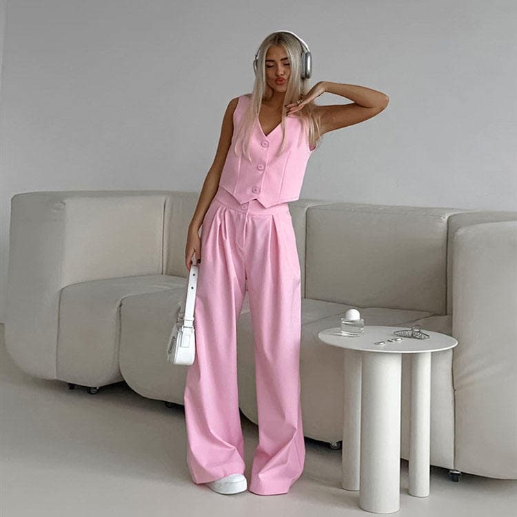 Summer Simple Fashion Casual Sleeveless Vest v Neck Solid Color Loose Wide Leg Pants Casual Suit Two Piece blazer Suit