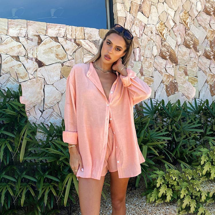 2023 Hot Trend Loose Comfortable Solid Color Pajamas Style Shirt Shorts Casual Women Set