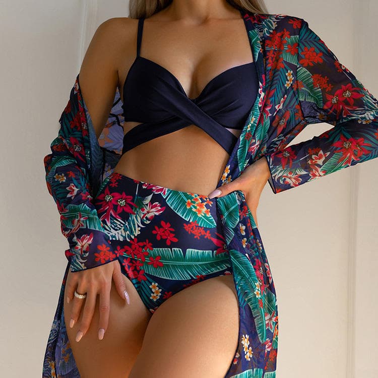 New Three Piece Bikini Sexy Push up Mesh Swimsuit Botanical Print Swimsuit Women
