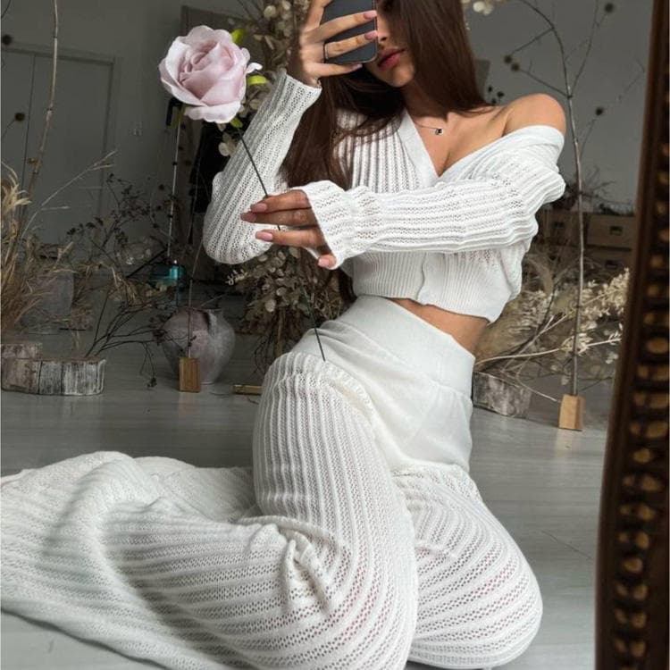 Wenshuo Casual Knitwear Set Wholesale Solid Color Cropped Top Custom logo Breathable Women Set Factory Direct