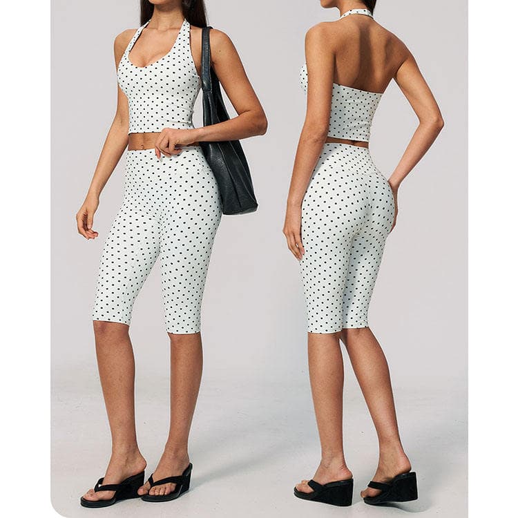 80 Polyester 20 Spandex Fashion Dot Print Tank TOP and Capris 2 Piece Pilates Workout Set