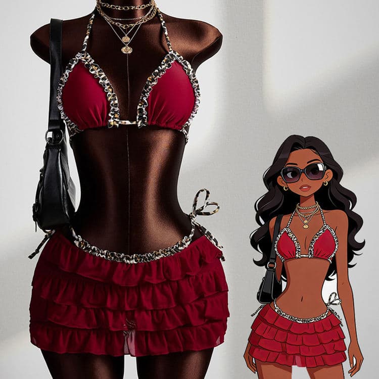 Custom Wholesale Sexy Bikini Fashionable Leopard Print Lace Swimwear Burgundy Three Piece Bikini Set for Women