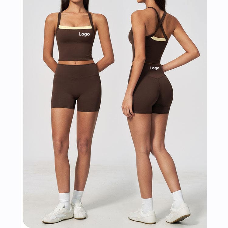 Brushed Nake Feeling Nylon Spandex Workout Set Block Color Top and Shorts 2 Piece Yoga Set
