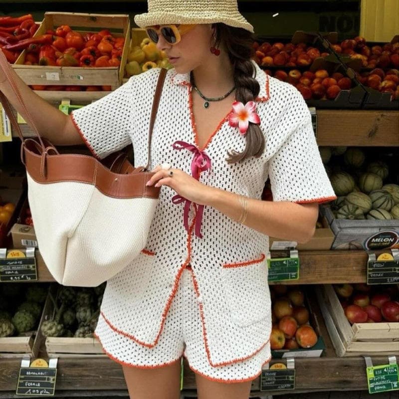 Ribbon Beach Suit Wholesale Knitted Short Sleeved Top With Custom logo Hollow Shorts Factory Directly