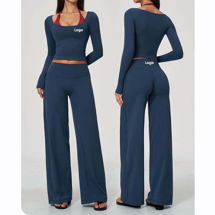 Nylon Spandex Brushed 2 in 1 Pilates Fitness Set Long Sleeve T-shirt and Wide Straight Legging Yoga Set