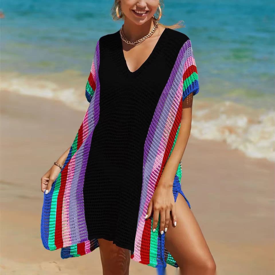 Summer Beach Cover up Hollow Knitted Rainbow Vacation Bikini Sun Protective Dress for Women