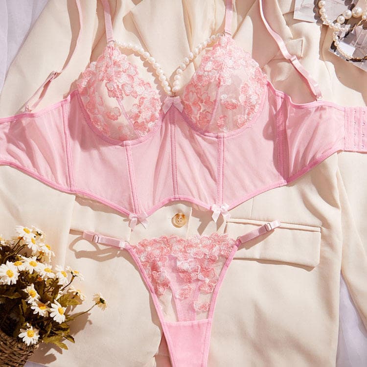 Lace Embroidery Flower Pearl Pendant Chain Splicing Thin Tight Girl Sexy Women Lingerie