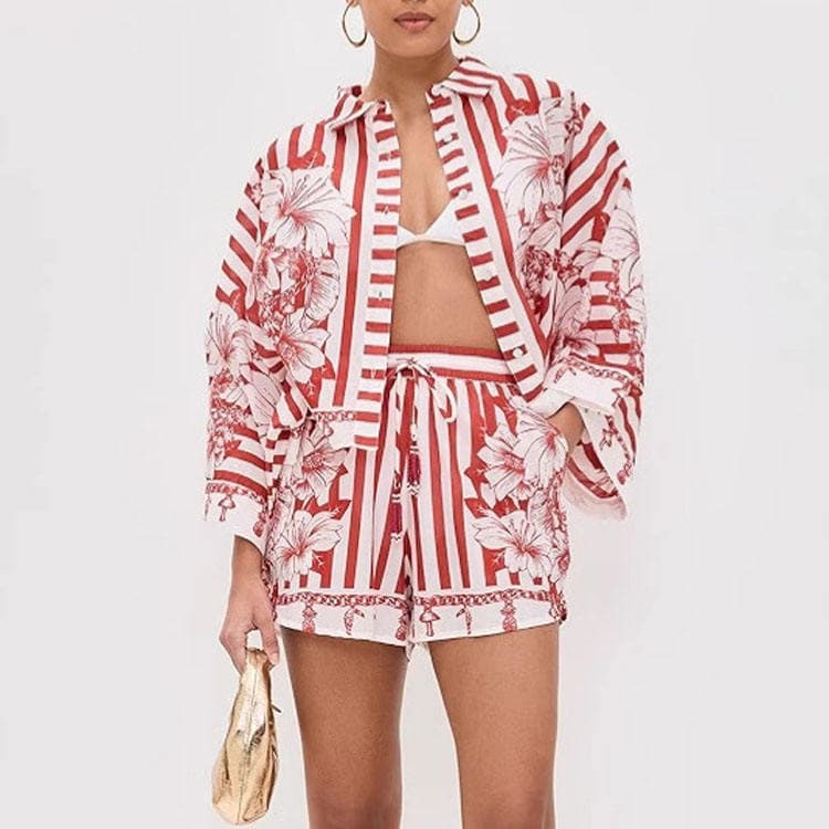 Women Floral Printed Kimono Cardigan Batwing Sleeve and Lounge Shorts Set Summer Casual Open Front Matching Set