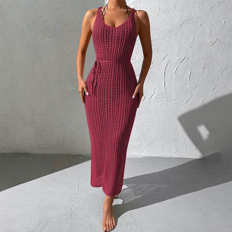 New Fashion 2024 Summer Sexy Bikini Hollow Backless Long Knitted Dresses Women Beach Cover up