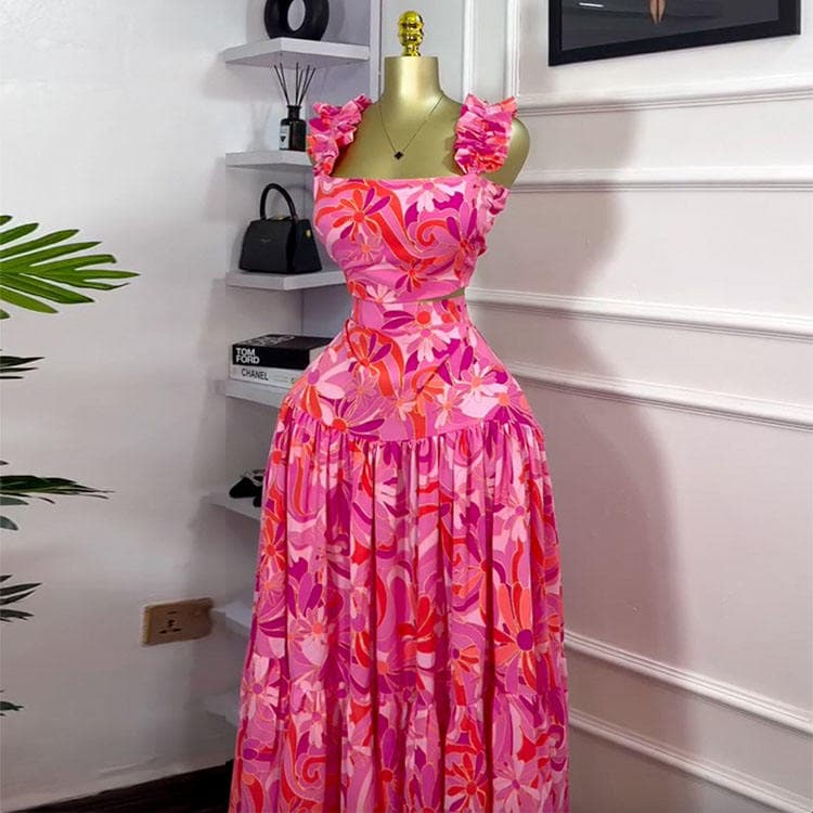 2026 Women Clothing Spring New Style Women Set Printed Short Vest High Waist Flared Skirt Fashionable Casual Set
