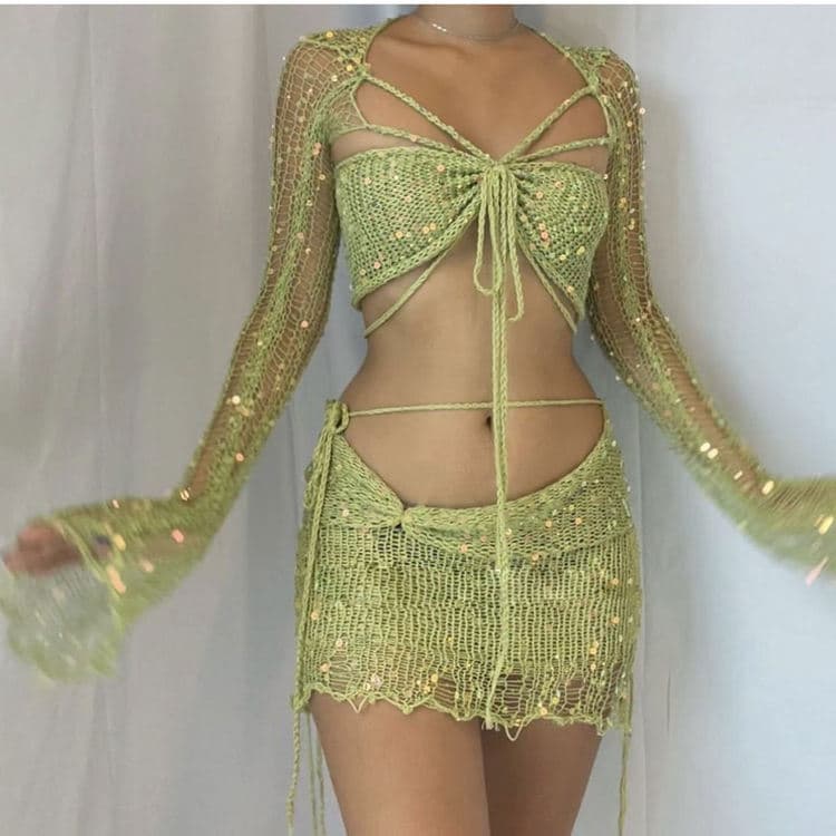 Wholesale New Bead Knitted Set Shiny Sweater Set Women Solid Color Fashion Skirt Set