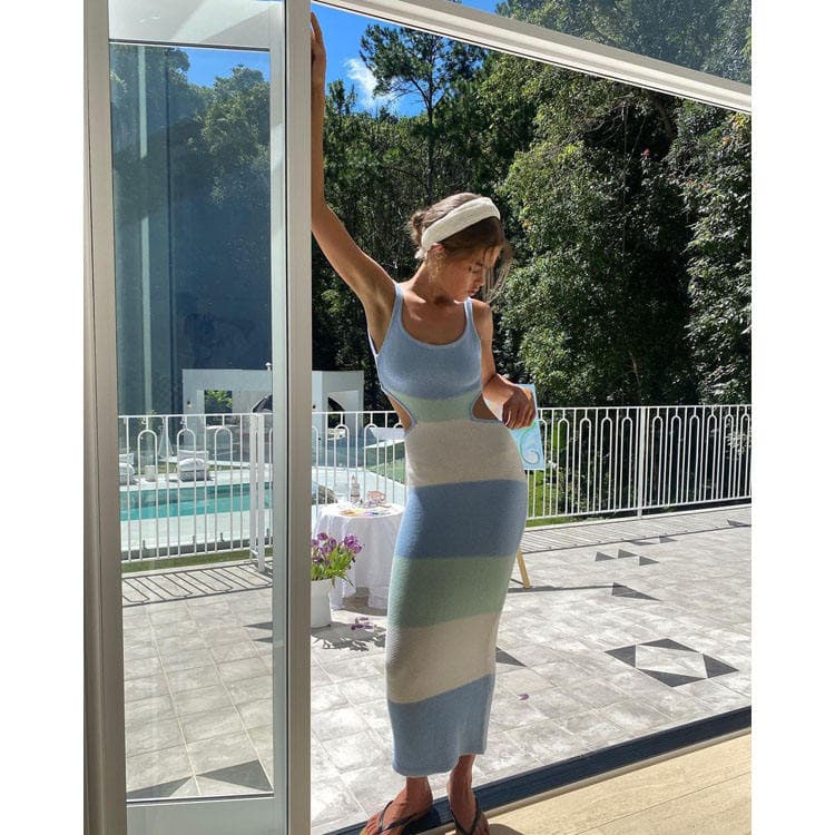 Creative Multi Color Stitching Summer New Suspender Striped Backless Strap Knitted Woolen Dress for Women
