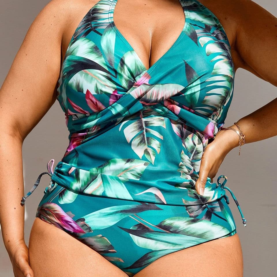 Plus Size Printed Floral Conservative Sexy Women Backless Two Piece Bikini Swimsuit