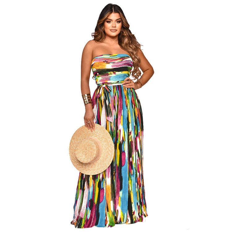 Fashionable Painted Print Wrap Chest Waist Casual Resort Style Jumpsuit