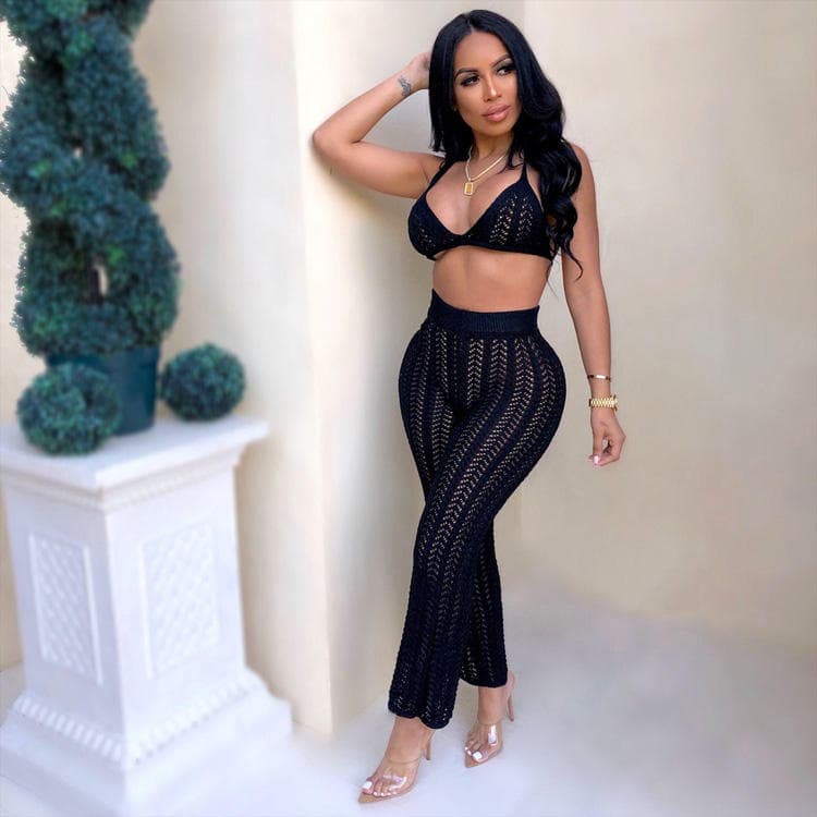 Summer Hot New Sexy Women's Suit Fashion Perspective Two Piece Suit Knitted Hollow Out Casual Suit