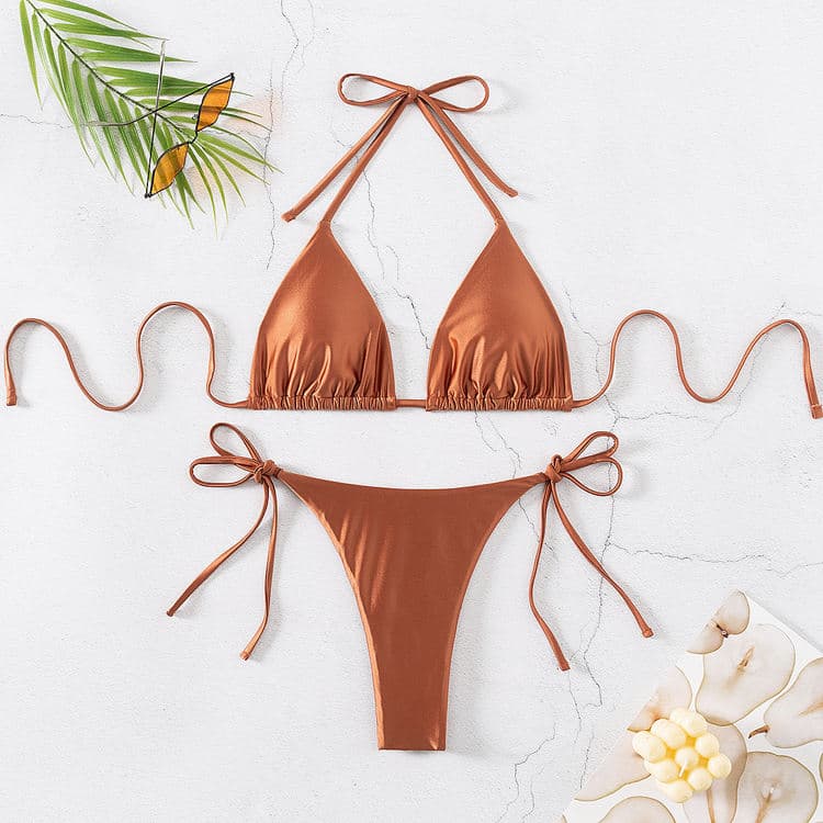 Customized XS-L LOGO Bikini Swimwear Tie Shiny Swimsuit Sexy Thong Bikini Swimsuit