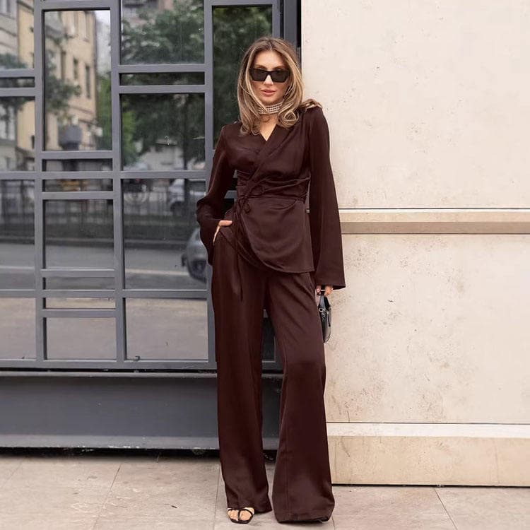 Wenshuo Satin Kimono Top Wholesale Loose Straight Trousers Custom logo Satin Women Set Factory Directly