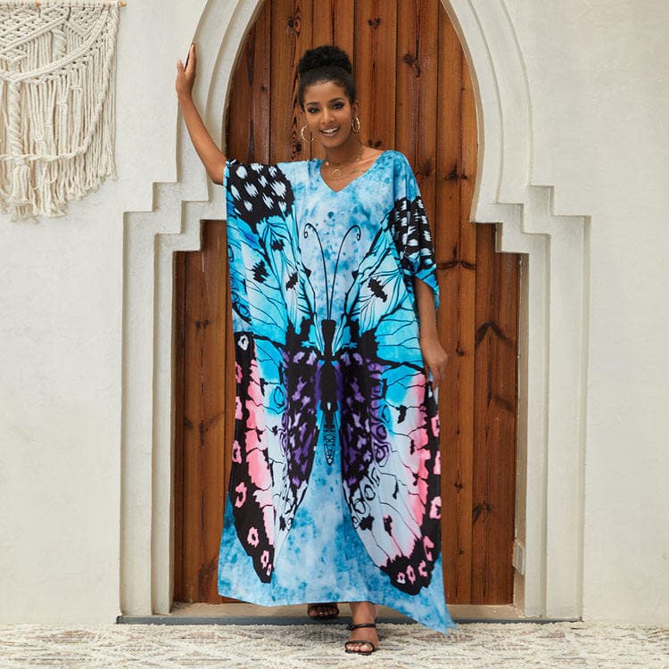 Beach Cover Ups Oversize Women Bikini Sunscreen Long Shirt Dyeing of Flowers Holiday Dress