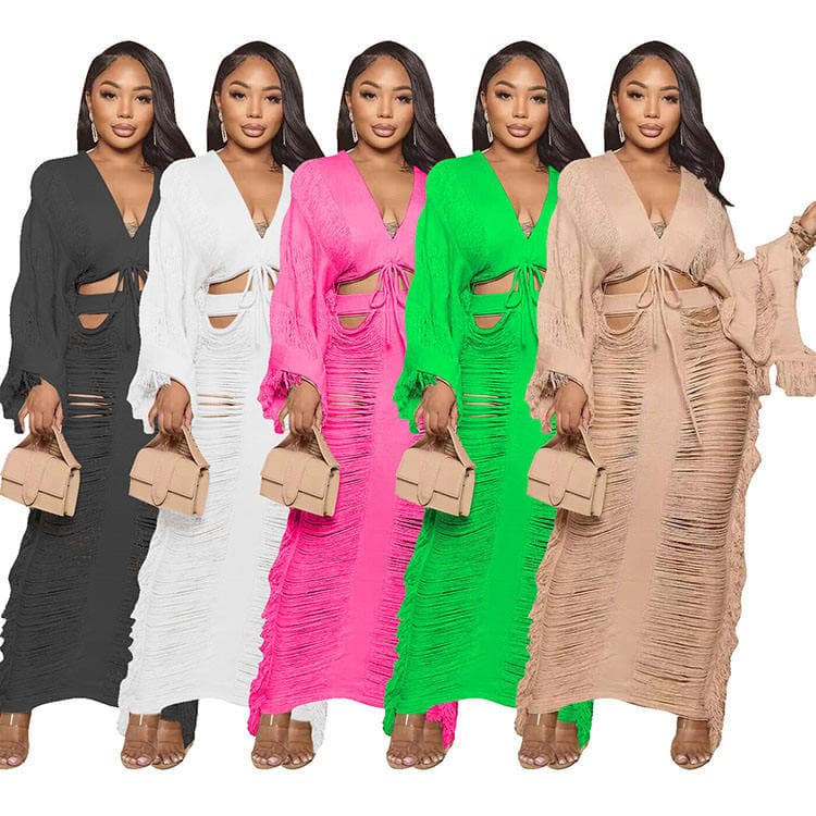 New Fashion Ladies Casual Knit Hollow Sexy Long Sleeve Dress Set