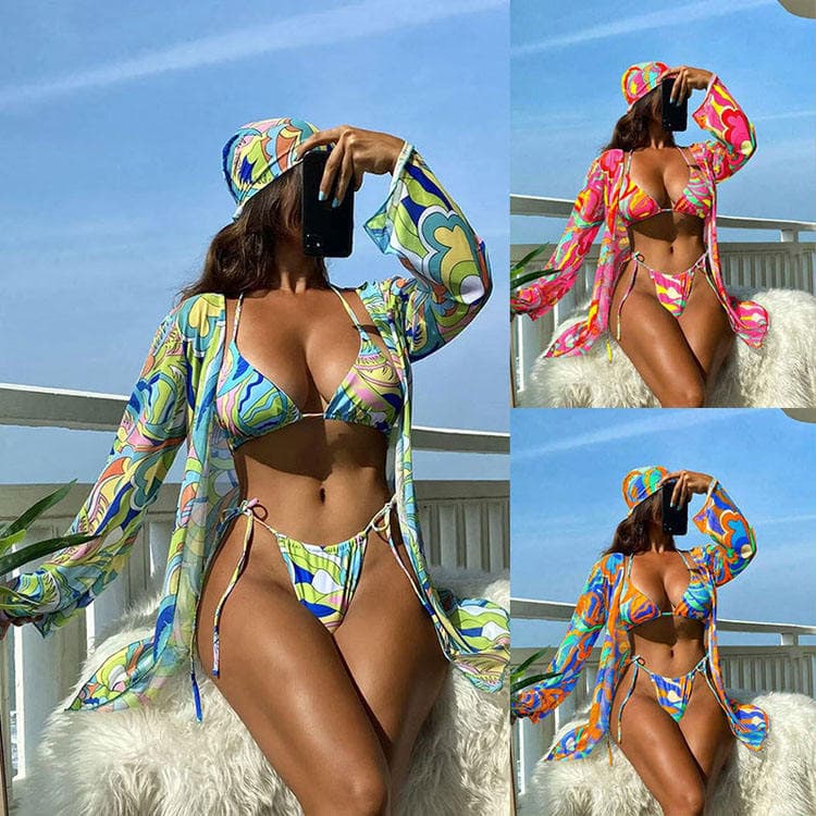 2023 Women's Strap Four Piece Swimwear Mesh Mask Top Small Fresh Printing Swimwear for Women