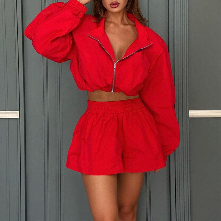 Wenshuo Long Sleeve Crop Top Wholesale Elastic Waist Shorts Custom logo Fashion Women Set Factory Directly