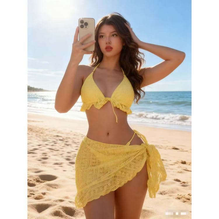 New Sexy Solid Color Bikini Three Piece Mesh Bathing Suit Tie-Side Swimsuit Set