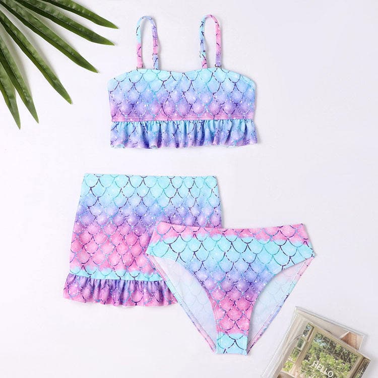 Cute Mermaid Floral Pattern Mother and Daughter Three Pieces Swimsuit Swimwear