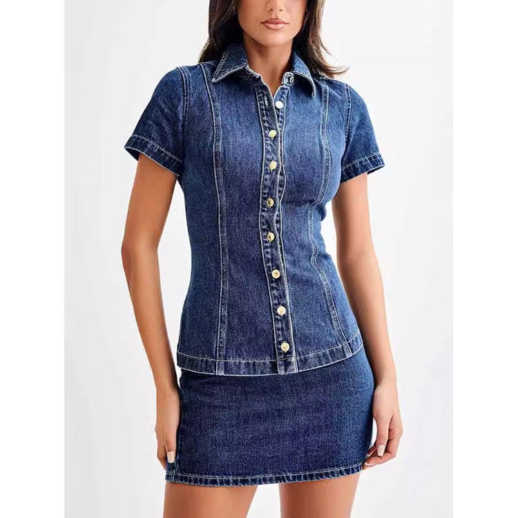 Women Denim Shirt and Skirt Set 2 Piece Short Sleeve Button Down Top with High Waist Slim Fit Pencil Skirt for Work