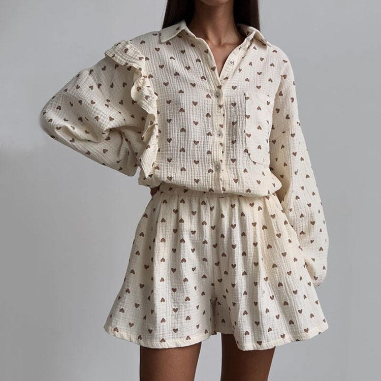 2024 New Spring Fashion Loose Ruffled Printing Shirt Wide-legged Shorts Casual Suit Women Sets