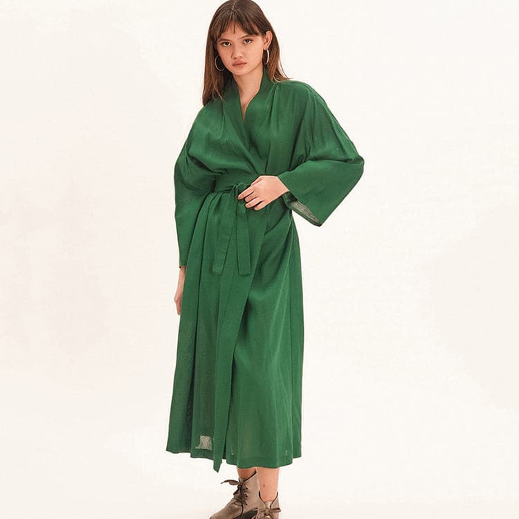 Autumn Cotton Hemp Long Sleeve Pajamas Long Green Pajamas Wholesale Women's Home Bathrobe Comfortable Loose Bathrobe