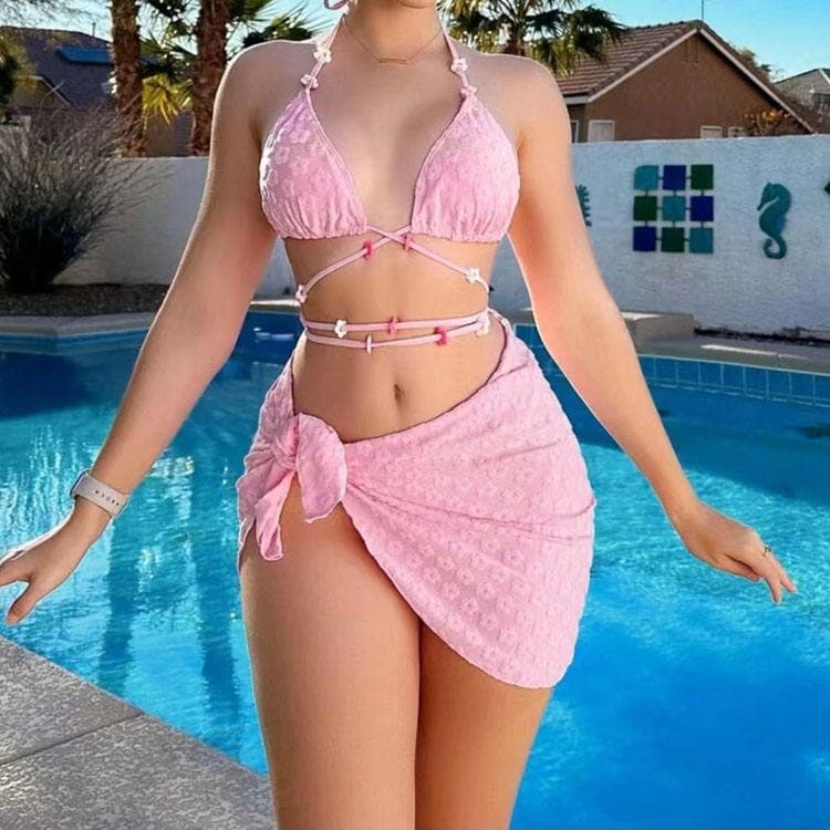 2024 New Sexy Bikini Three Piece Solid Color Swimsuit Flower Girl Swimwear