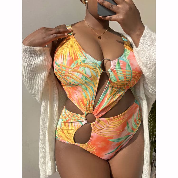 New Large Vest Style Color Printing Sexy Deep V One Piece Bikini Swimsuit