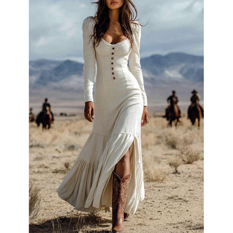 Wenshuo Retro Long Sleeve Dress Wholesale Pleated Split Dress Custom logo Solid Color Long Dress Factory Directly