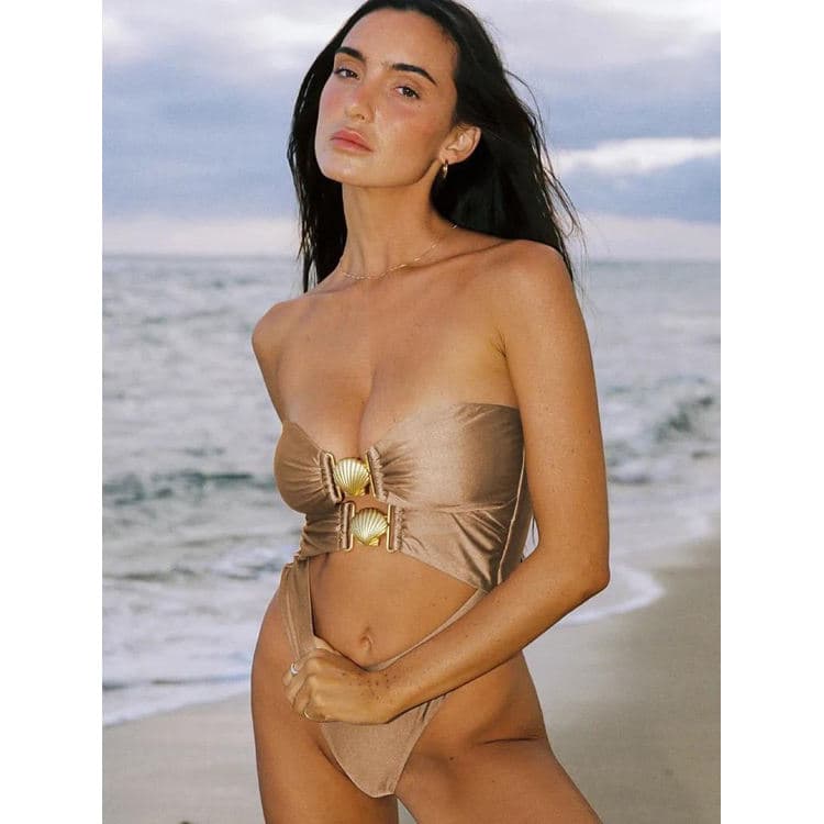 Wholesale Tube Top One Piece Bikini Shiny Fabric Swimwear Sexy Hollow Shell Swimwear