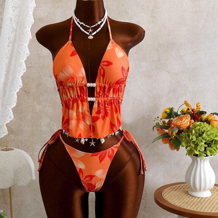 2026 New Arrival Bikini 2 Piece Set Orange Print Swimwear Stylish Sexy Cute for Hot Springs Beach Backless Swimsuit Set