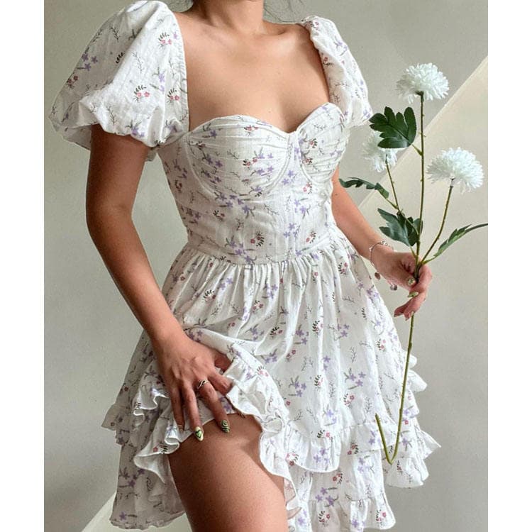 Fashion 2023 Womens Floral Printed Dress Square Collar White Color Sexy Slim Dress Short Sleeve Ruched Mini Dress