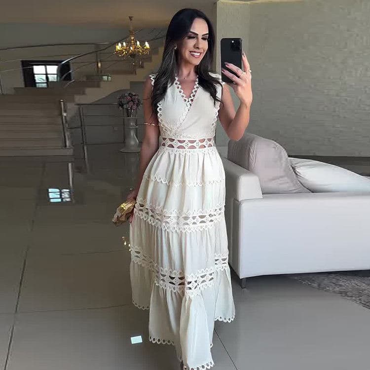 Wholesale New Arrival French-Style Dresses Sexy Lace-Up Solid Color Dresses Fashionable V-Neck Sleeveless Dresses