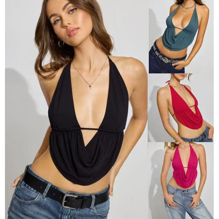 New Lace up Vest Hanging Neck Solid Color Top Sexy Suspender Top for Women